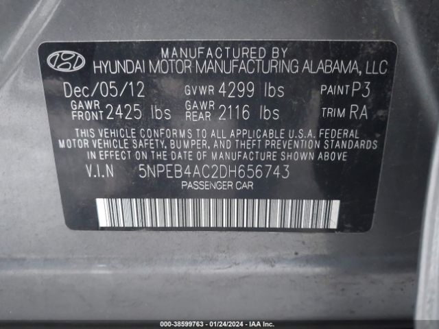 Photo 8 VIN: 5NPEB4AC2DH656743 - HYUNDAI SONATA 