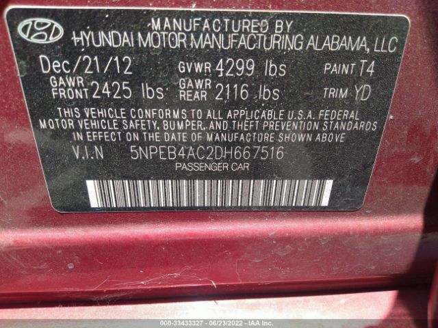 Photo 8 VIN: 5NPEB4AC2DH667516 - HYUNDAI SONATA 