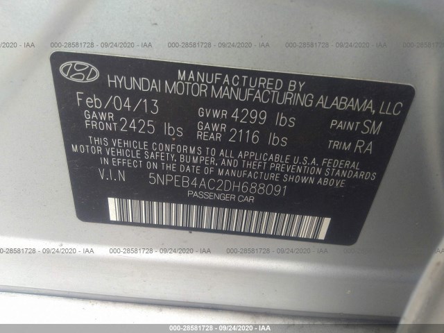 Photo 8 VIN: 5NPEB4AC2DH688091 - HYUNDAI SONATA 