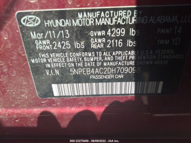 Photo 8 VIN: 5NPEB4AC2DH709098 - HYUNDAI SONATA 