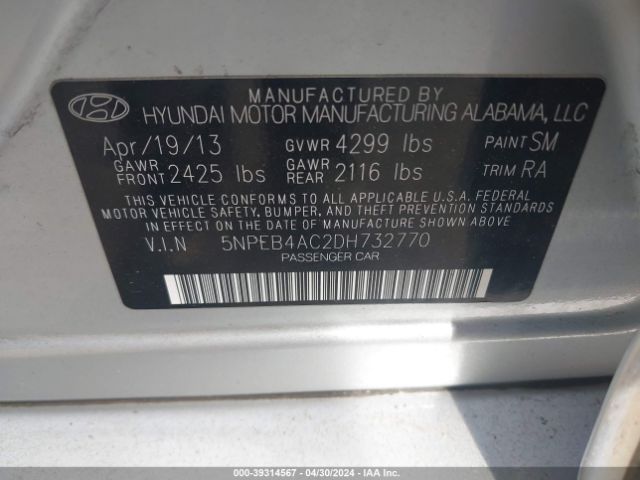 Photo 8 VIN: 5NPEB4AC2DH732770 - HYUNDAI SONATA 