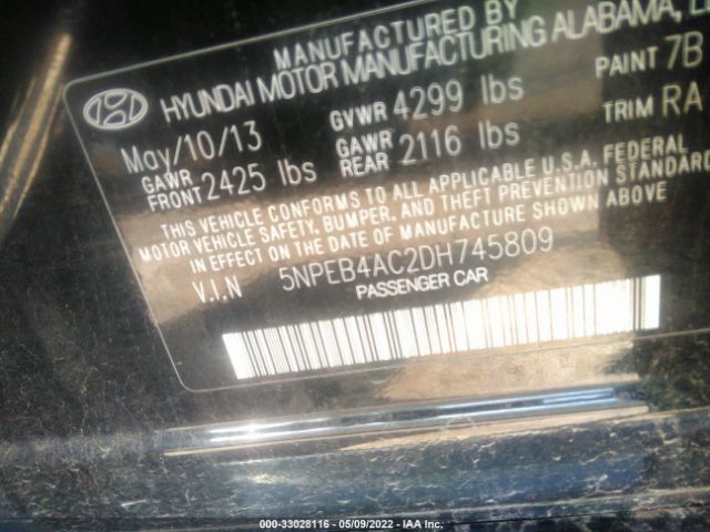 Photo 8 VIN: 5NPEB4AC2DH745809 - HYUNDAI SONATA 