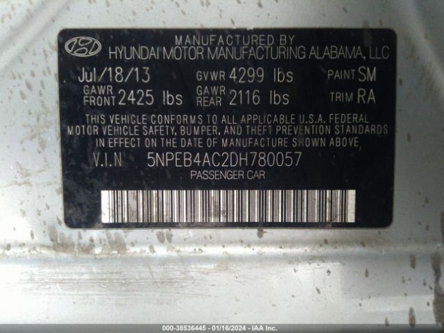 Photo 8 VIN: 5NPEB4AC2DH780057 - HYUNDAI SONATA 