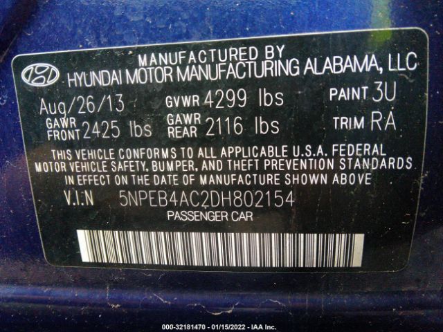 Photo 8 VIN: 5NPEB4AC2DH802154 - HYUNDAI SONATA 