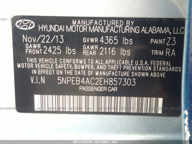 Photo 8 VIN: 5NPEB4AC2EH857303 - HYUNDAI SONATA 