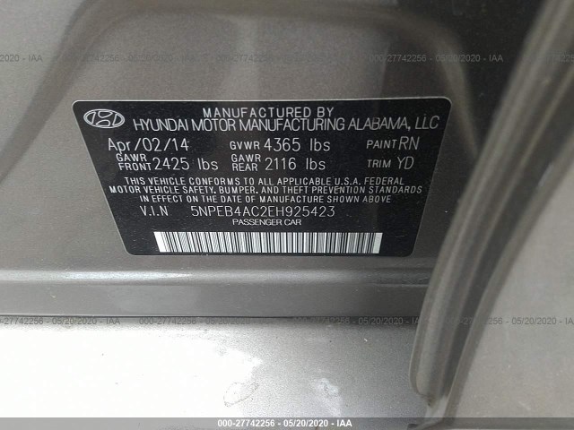 Photo 8 VIN: 5NPEB4AC2EH925423 - HYUNDAI SONATA 