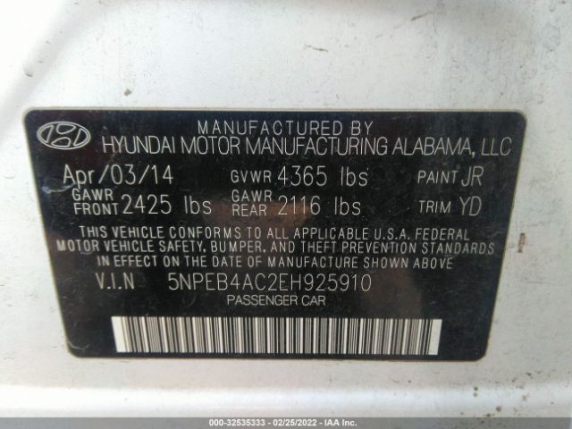 Photo 8 VIN: 5NPEB4AC2EH925910 - HYUNDAI SONATA 