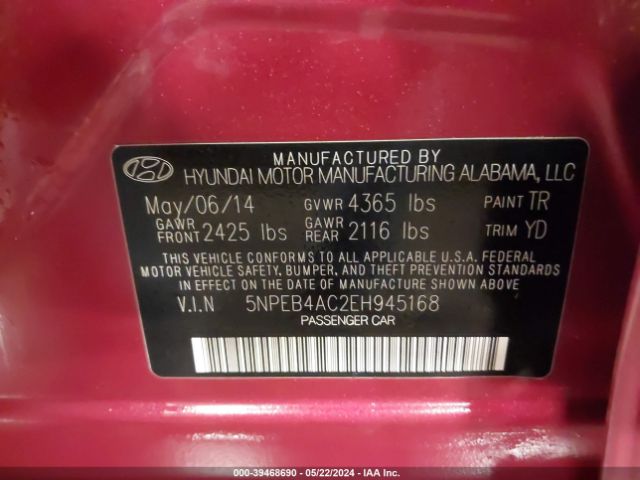 Photo 8 VIN: 5NPEB4AC2EH945168 - HYUNDAI SONATA 