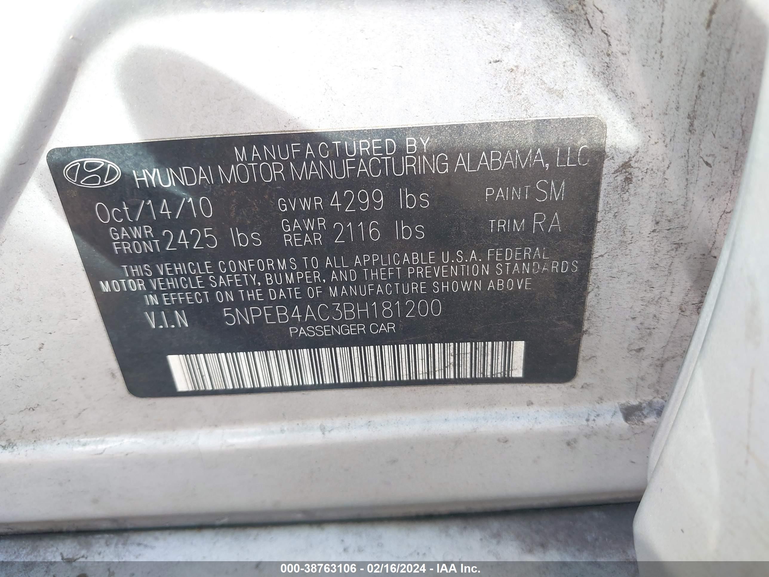 Photo 8 VIN: 5NPEB4AC3BH181200 - HYUNDAI SONATA 