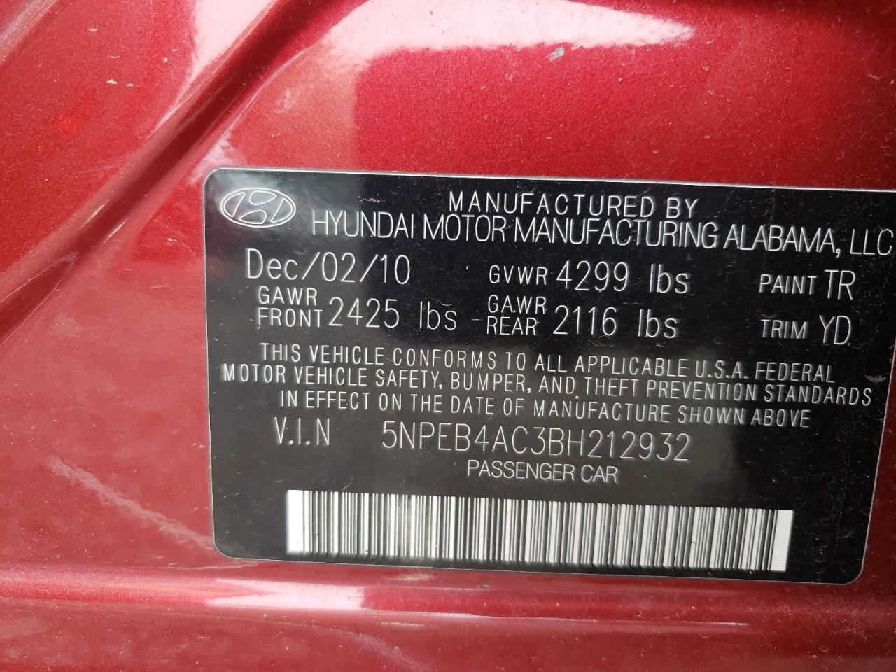 Photo 11 VIN: 5NPEB4AC3BH212932 - HYUNDAI SONATA 