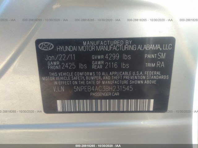 Photo 8 VIN: 5NPEB4AC3BH231545 - HYUNDAI SONATA 