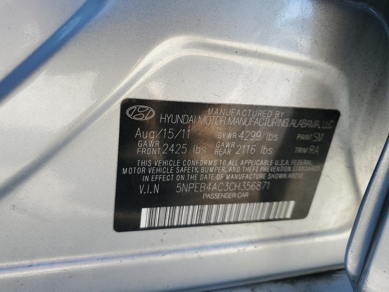 Photo 11 VIN: 5NPEB4AC3CH356871 - HYUNDAI SONATA 