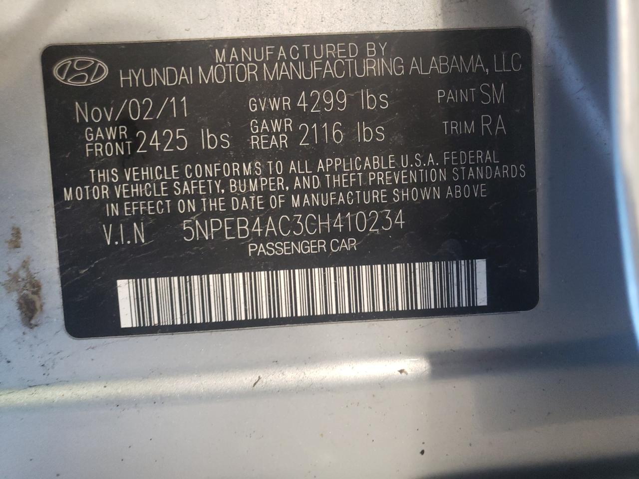 Photo 11 VIN: 5NPEB4AC3CH410234 - HYUNDAI SONATA 