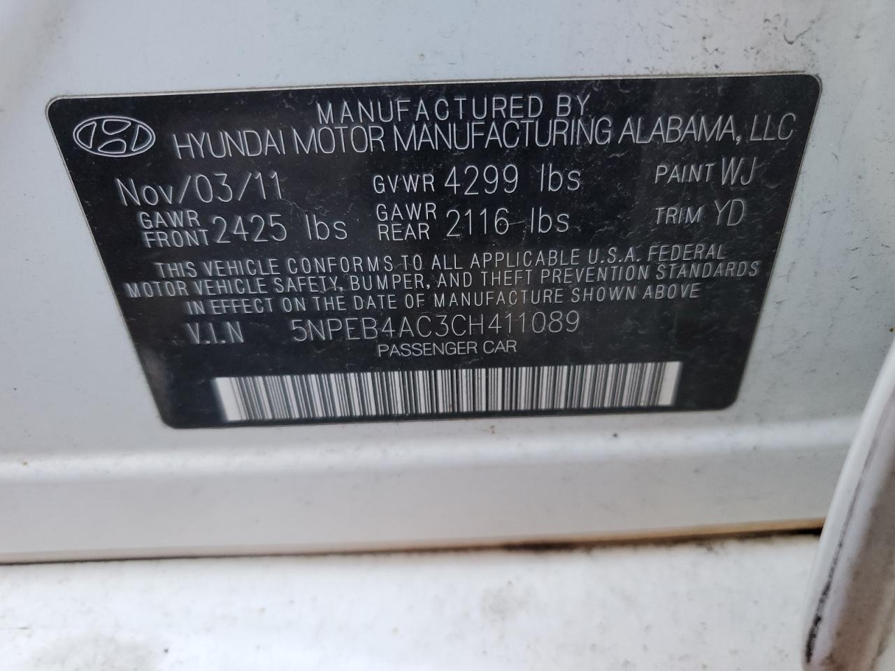 Photo 11 VIN: 5NPEB4AC3CH411089 - HYUNDAI SONATA 