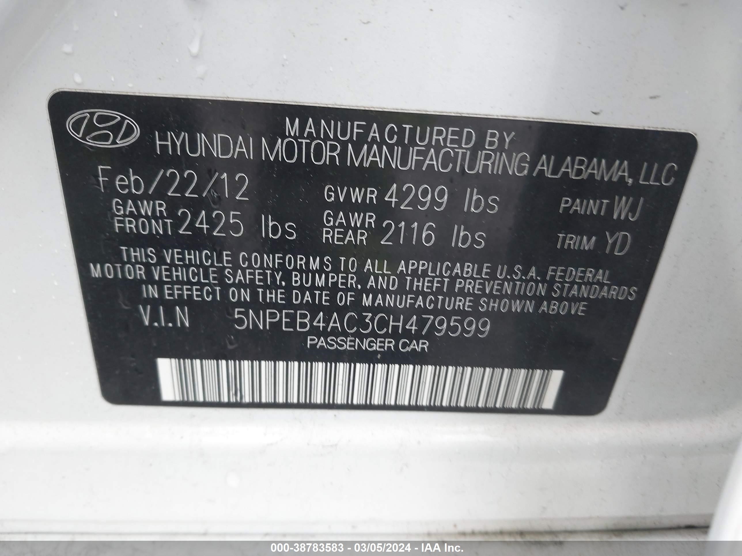 Photo 8 VIN: 5NPEB4AC3CH479599 - HYUNDAI SONATA 