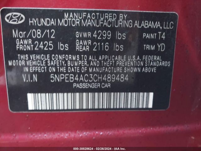 Photo 8 VIN: 5NPEB4AC3CH489484 - HYUNDAI SONATA 