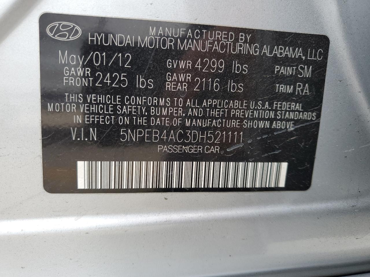 Photo 11 VIN: 5NPEB4AC3DH521111 - HYUNDAI SONATA 