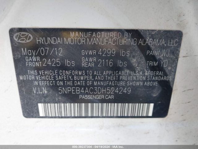 Photo 8 VIN: 5NPEB4AC3DH524249 - HYUNDAI SONATA 