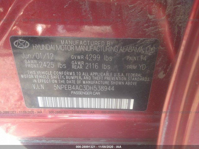 Photo 8 VIN: 5NPEB4AC3DH538944 - HYUNDAI SONATA 