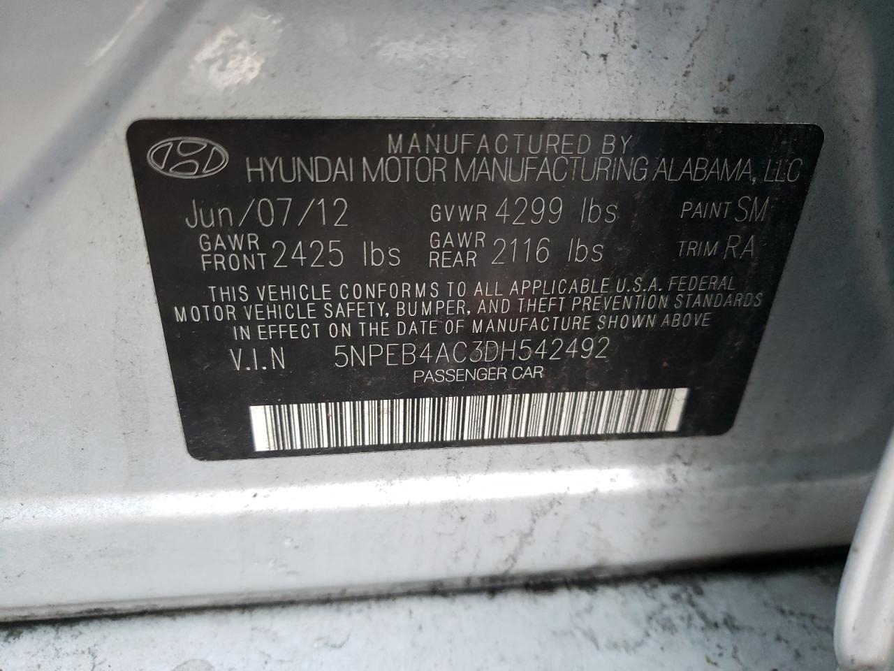 Photo 11 VIN: 5NPEB4AC3DH542492 - HYUNDAI SONATA 