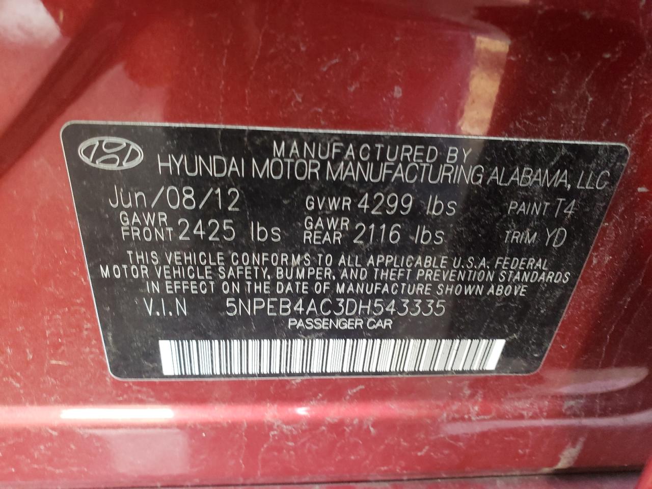 Photo 11 VIN: 5NPEB4AC3DH543335 - HYUNDAI SONATA 