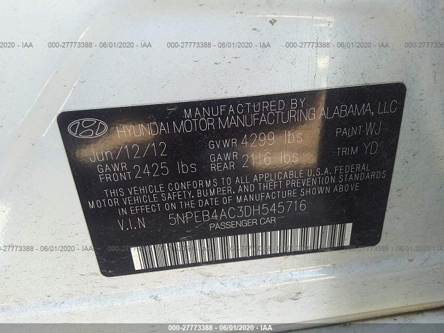 Photo 8 VIN: 5NPEB4AC3DH545716 - HYUNDAI SONATA 