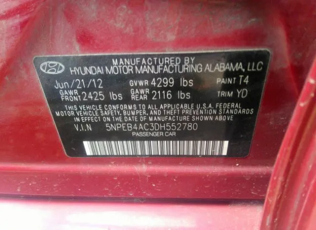 Photo 8 VIN: 5NPEB4AC3DH552780 - HYUNDAI SONATA 