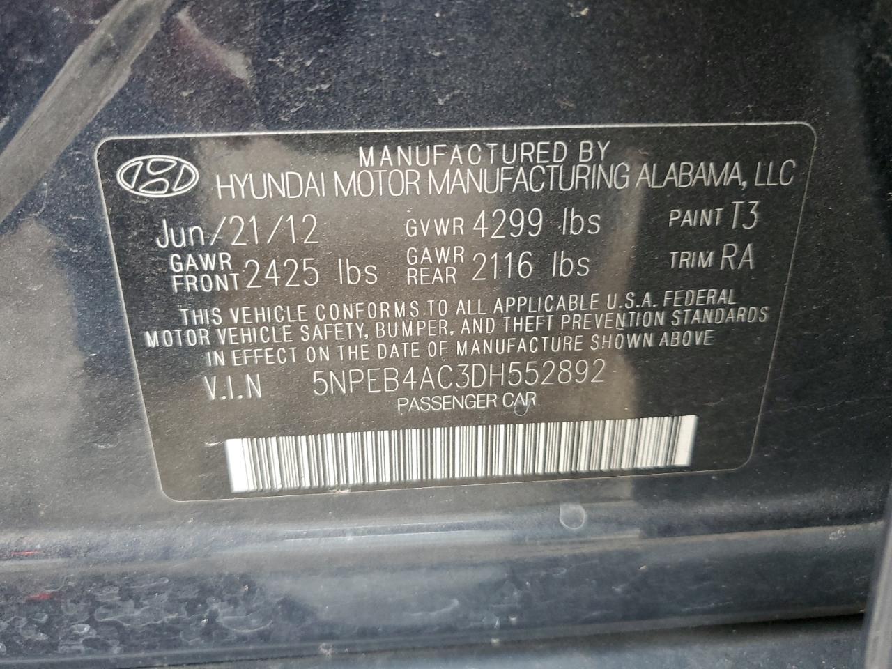 Photo 11 VIN: 5NPEB4AC3DH552892 - HYUNDAI SONATA 