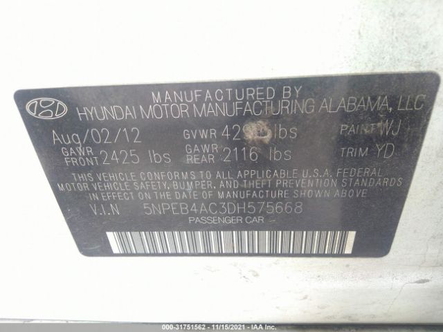 Photo 8 VIN: 5NPEB4AC3DH575668 - HYUNDAI SONATA 