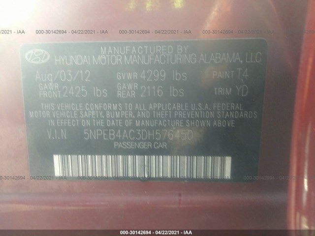 Photo 8 VIN: 5NPEB4AC3DH576450 - HYUNDAI SONATA 