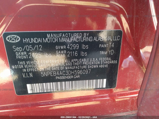 Photo 8 VIN: 5NPEB4AC3DH596097 - HYUNDAI SONATA 