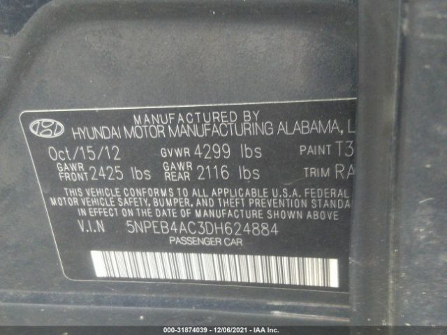 Photo 8 VIN: 5NPEB4AC3DH624884 - HYUNDAI SONATA 