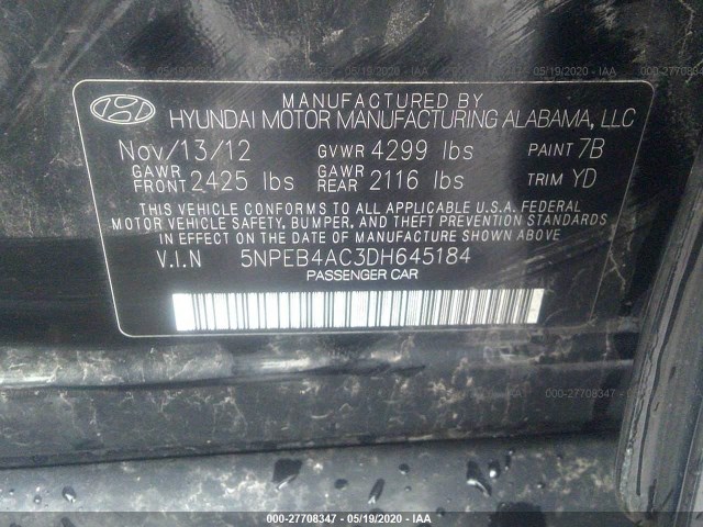 Photo 8 VIN: 5NPEB4AC3DH645184 - HYUNDAI SONATA 