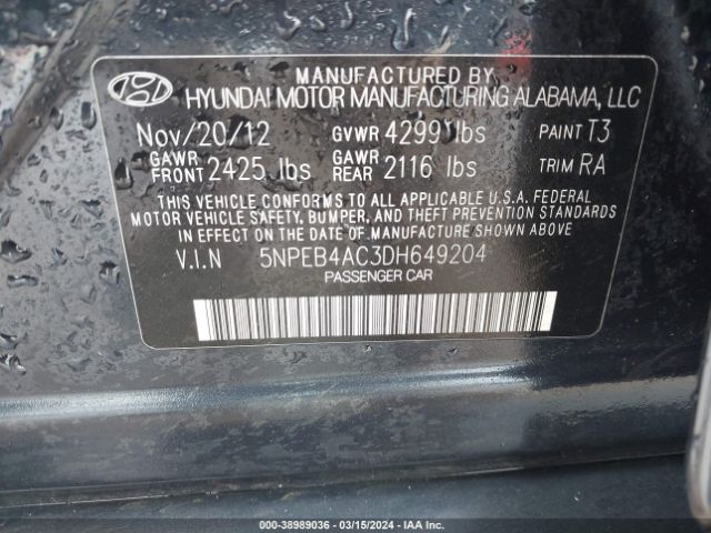 Photo 8 VIN: 5NPEB4AC3DH649204 - HYUNDAI SONATA 