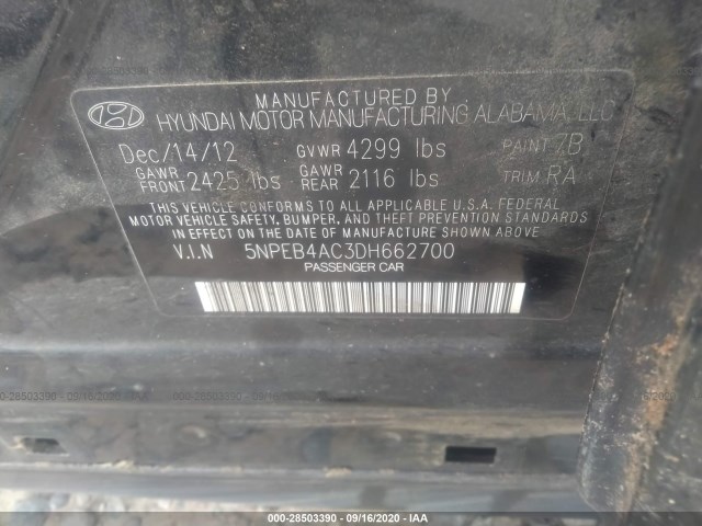 Photo 8 VIN: 5NPEB4AC3DH662700 - HYUNDAI SONATA 