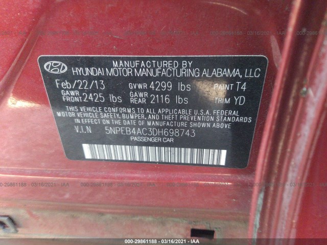 Photo 8 VIN: 5NPEB4AC3DH698743 - HYUNDAI SONATA 