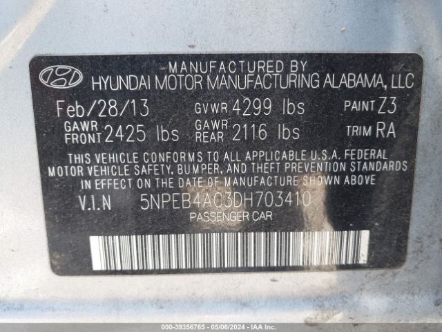 Photo 8 VIN: 5NPEB4AC3DH703410 - HYUNDAI SONATA 