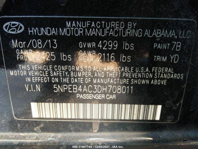 Photo 8 VIN: 5NPEB4AC3DH708011 - HYUNDAI SONATA 