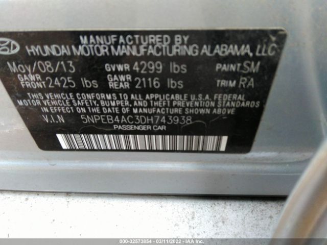 Photo 8 VIN: 5NPEB4AC3DH743938 - HYUNDAI SONATA 