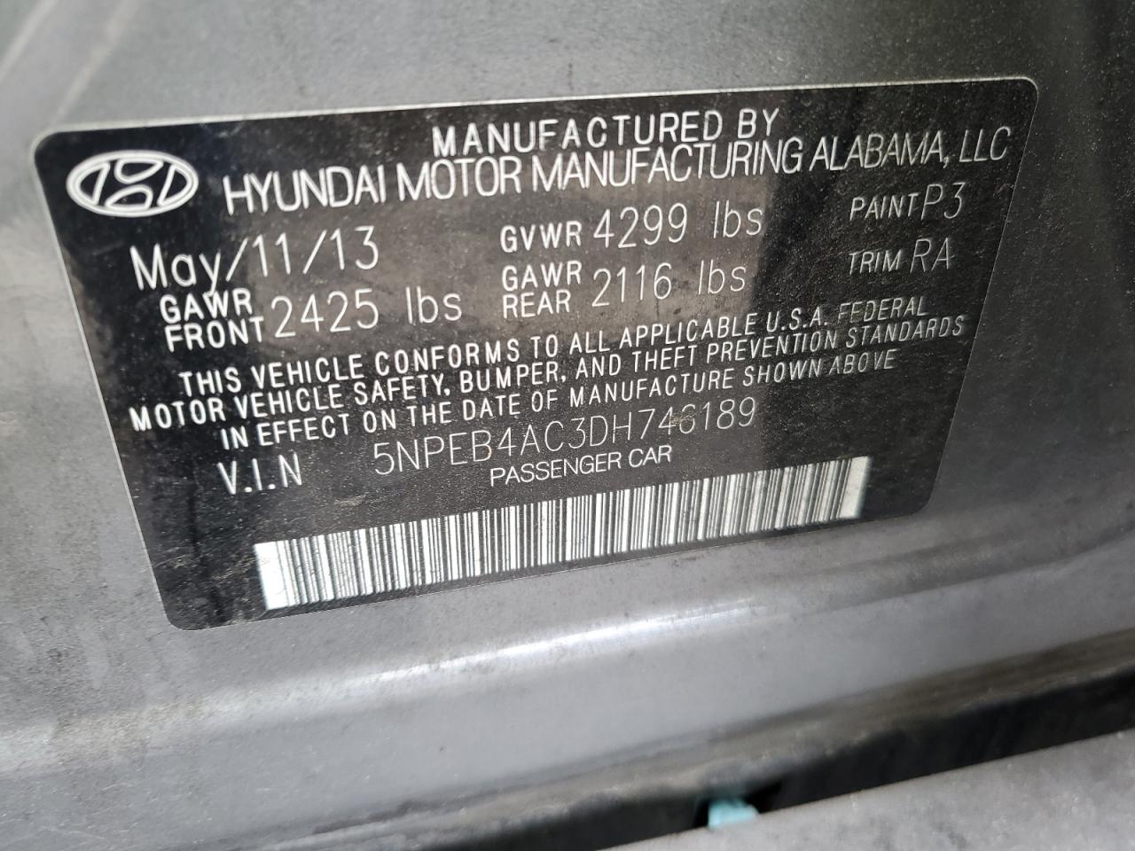 Photo 11 VIN: 5NPEB4AC3DH746189 - HYUNDAI SONATA 