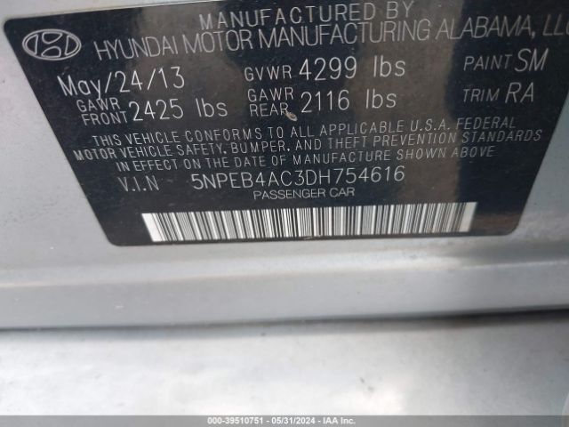 Photo 8 VIN: 5NPEB4AC3DH754616 - HYUNDAI SONATA 