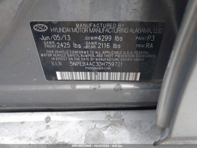 Photo 8 VIN: 5NPEB4AC3DH759721 - HYUNDAI SONATA 