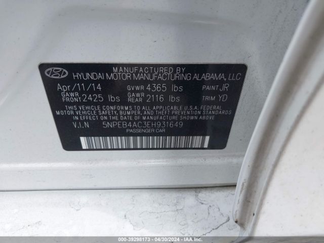 Photo 8 VIN: 5NPEB4AC3EH931649 - HYUNDAI SONATA 