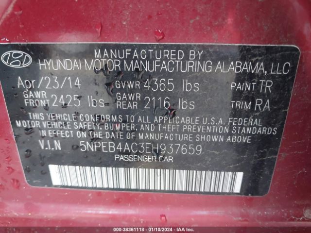 Photo 8 VIN: 5NPEB4AC3EH937659 - HYUNDAI SONATA 