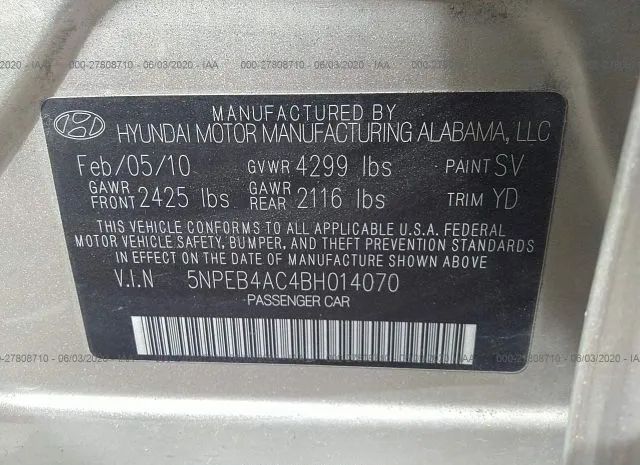 Photo 8 VIN: 5NPEB4AC4BH014070 - HYUNDAI SONATA 