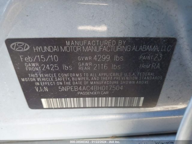 Photo 8 VIN: 5NPEB4AC4BH017504 - HYUNDAI SONATA 