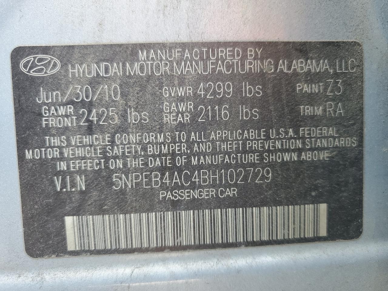 Photo 11 VIN: 5NPEB4AC4BH102729 - HYUNDAI SONATA 