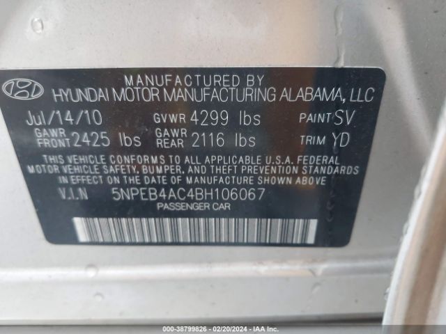 Photo 8 VIN: 5NPEB4AC4BH106067 - HYUNDAI SONATA 