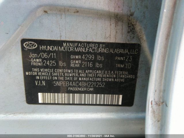 Photo 8 VIN: 5NPEB4AC4BH221252 - HYUNDAI SONATA 