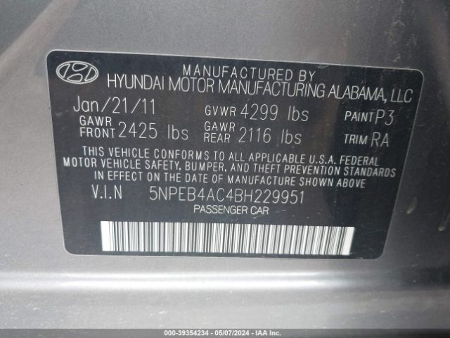 Photo 8 VIN: 5NPEB4AC4BH229951 - HYUNDAI SONATA 